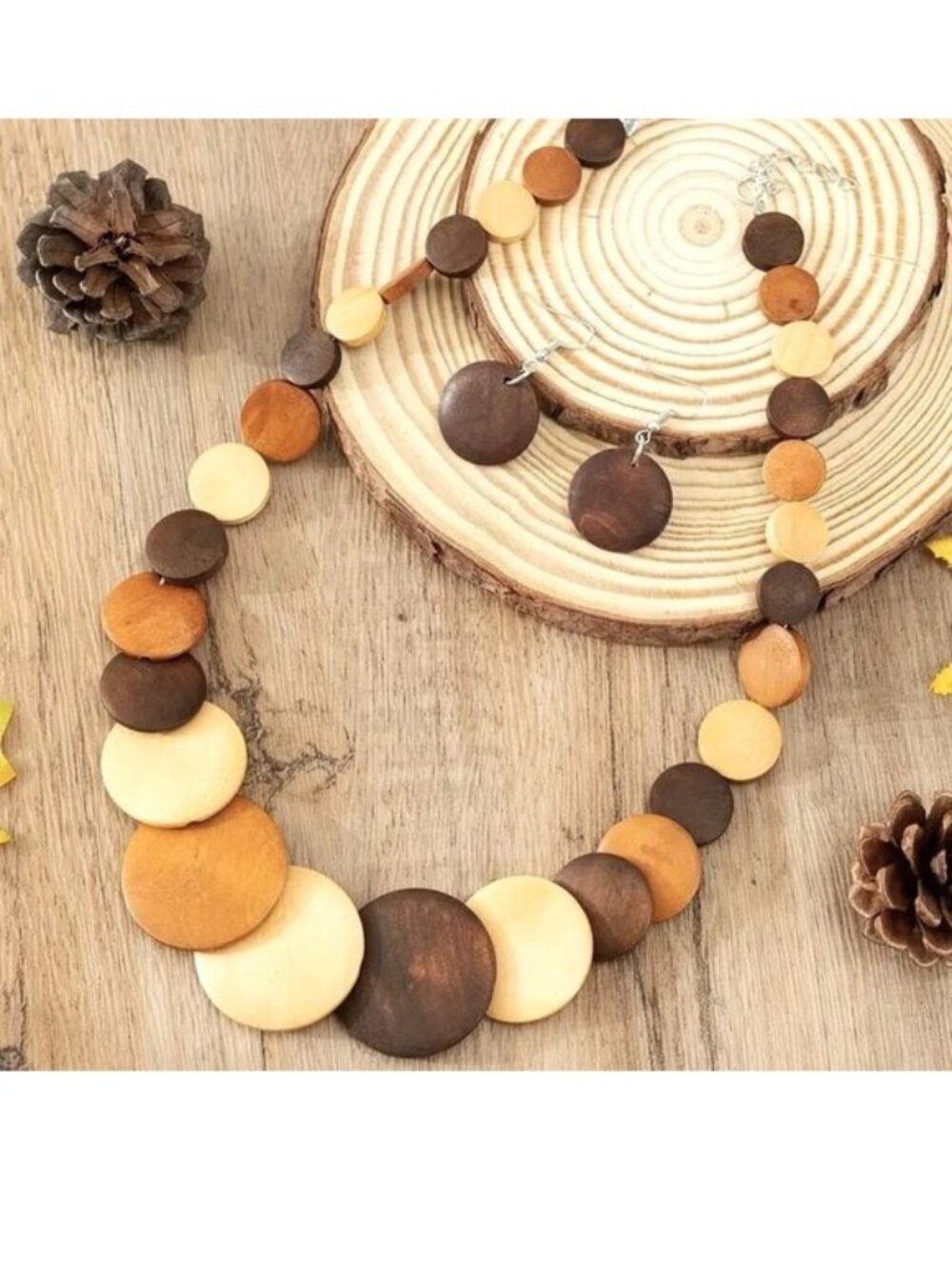 Necklace & Earrings 3pc Set Natural Wood Circle Boho Style Casual Trendy Fashion
